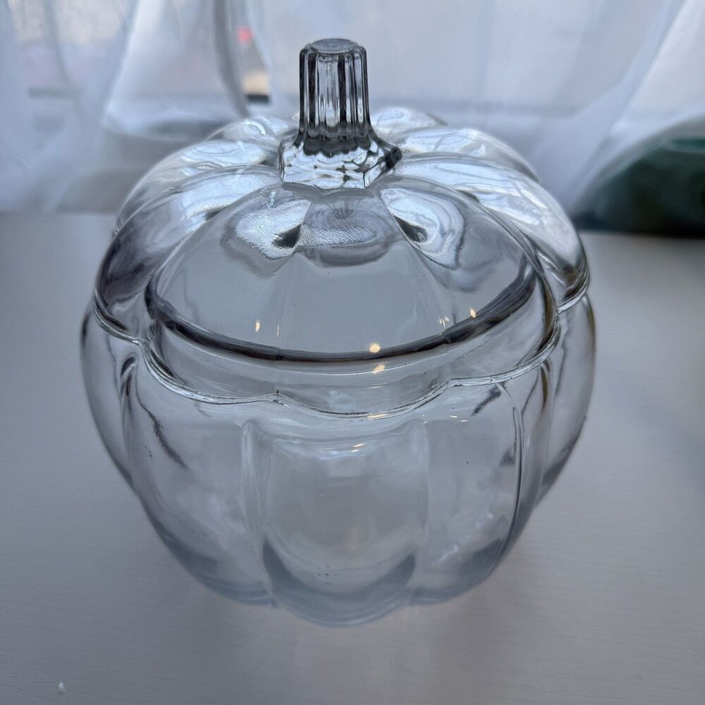 Anchor Hocking Vintage Clear Glass Pumpkin Jar Lid Cookie Candy Jar Canister J3